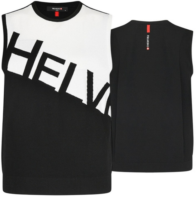 여자 블랙앤화이트 배색 니트 사선로고 골프조끼 여자골프니트조끼 봄