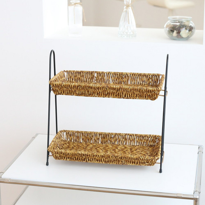 쏠리또 라탄 사각 더블트레이 과자접시 수건정리대, 짙은 갈색, 1개