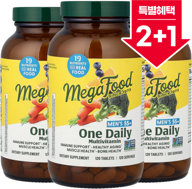 2+1 메가푸드 남성용 55세 이상 데일리 종합비타민 120정 니아신 엽산 비오틴 판토텐산 셀레늄 아연 함유 / 해외직구 미국정품, 3개