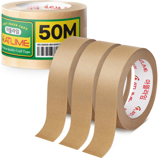 아뜰라임 크라프트 찢어쓰는 종이 포장 박스 테이프 18mm x 50m, 3개