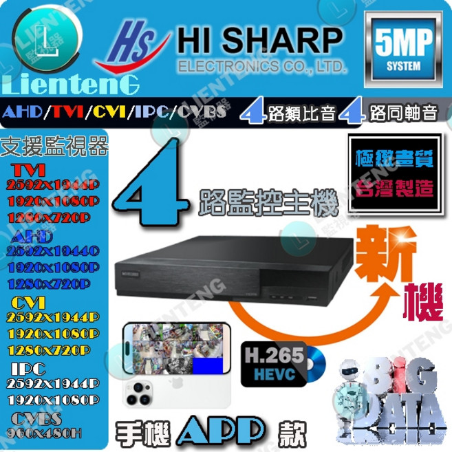 昇銳 4路 H.265 監視器監控主機 同軸音, 1個, HI SHARP昇銳監控主機4路, HI SHARP昇銳監控主機, 4路