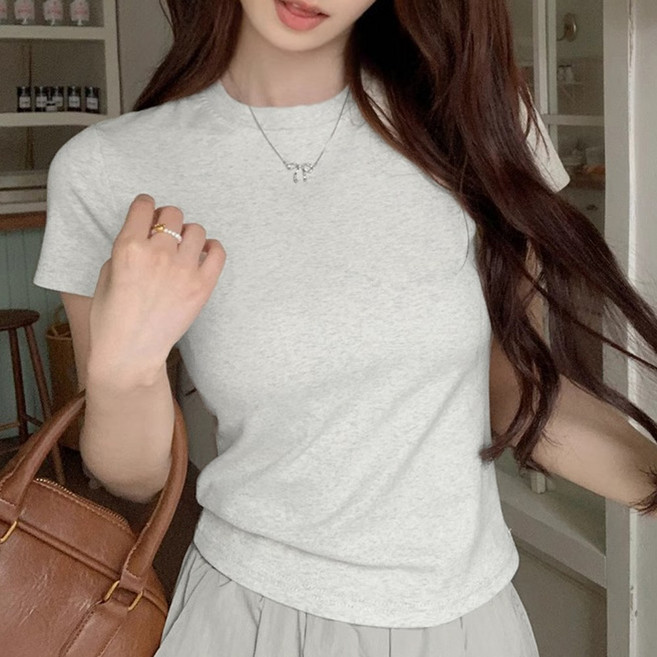 cammello 솔리드컬러 여성 슬림핏 세미크롭 티셔츠 데일리 무지 기본 반팔티