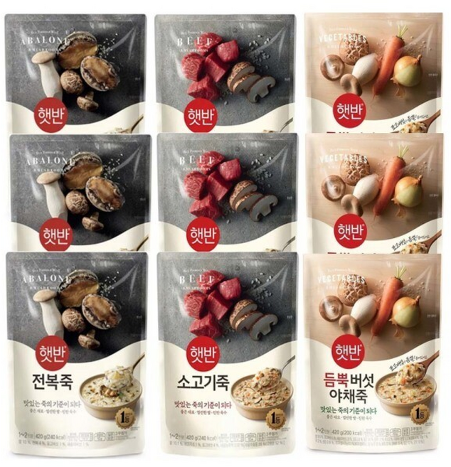 비비고 전복3+소고기3+버섯야채죽3 총 /햇반 소프트밀 죽, 9개, 420g