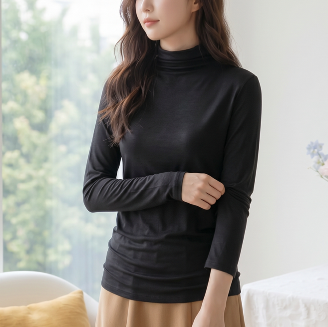 스타일아유 모달 하이넥 긴팔 티셔츠 여성 봄 가을 겨울 슬림 고급 비스코사 레이온 원단 이너티 TS2045