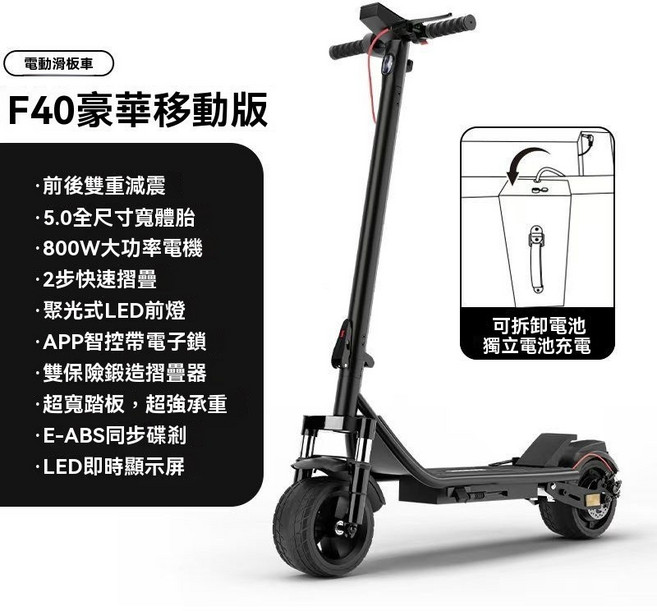 電動滑板車 F50 豪華升級版，800W電機，續航48公里，前後雙重減震, 1個, F40可拆卸電池,48V 15Ah 續航約50公里, F40可拆卸電池