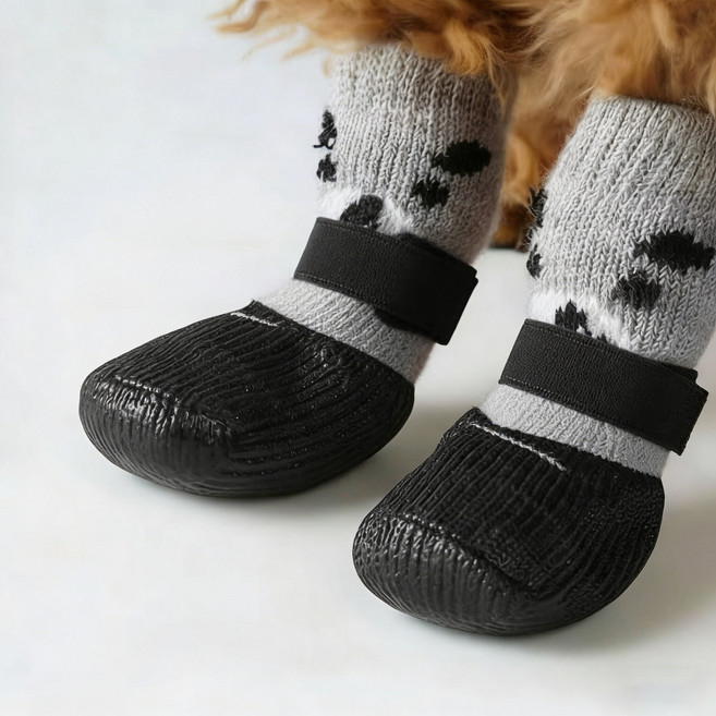 강아지 미끄럼 방지 양말신발 방수 산책화, 1세트, 블랙