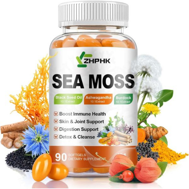Sea Moss Softgels with Black Seed Oil Ashwagandha Burdock Turmeric Elderberry Omega 3 for Sys, 90 Count (Pack of 1), 1개, 90정