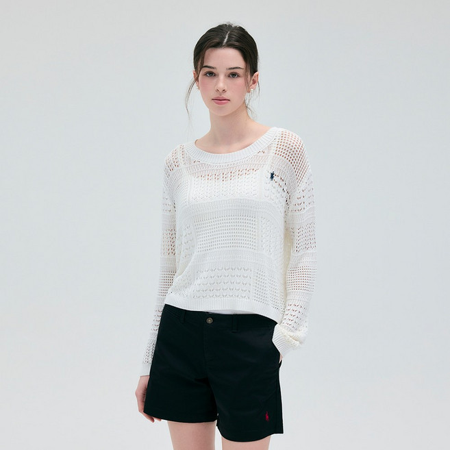 라파클럽 여성 시스루 라운드넥 긴팔 니트 스웨터 자수 로고