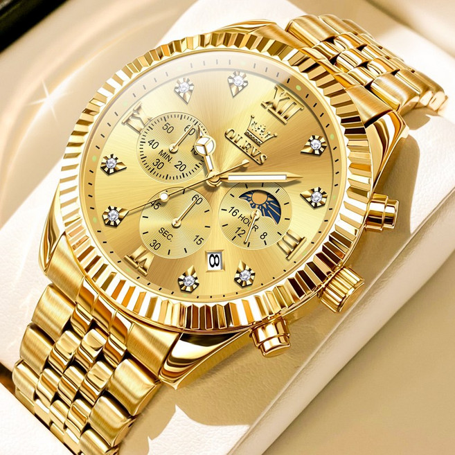 OLEVS 남자손목시계 정품 쿼츠 럭셔리 명품 워터프루프 야광 큐빅 메탈 다기능 남성시계