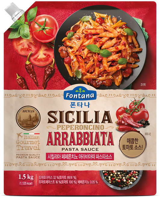 폰타나 시칠리아 페페론치노 아라비아따 파스타 토마토소스, 1.5kg, 1개