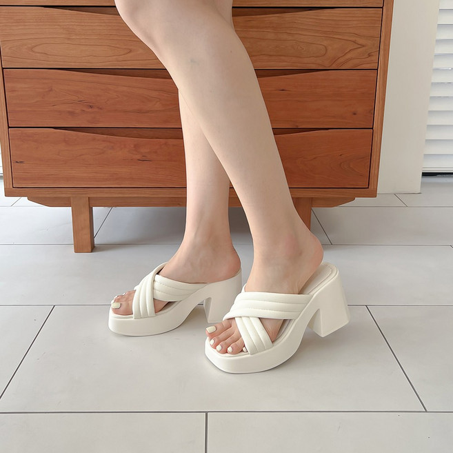 슈뿐 여성 가보시 크로스 스트랩 경량 키높이 통굽 슬리퍼 (8cm)