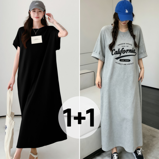 WAIJER 1+1 여성 여름 반팔티 롱원피스 빅사이즈 오버핏 캐주얼 데일리 원피스 밑단 트임 디자인