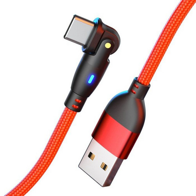 彎折充電線 180度數據線 3A 快充線 手遊 L型充電線 適用於iPhone蘋果 安卓, 紅色Type-c接口, 1個, 1m