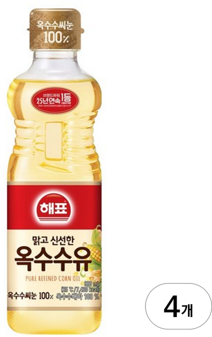 해표 옥수수유, 900ml, 4개