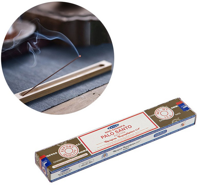 사티아 나그참파 인센스 스틱 15g 팔로산토 + 우드 인센스 홀더, 15g 4개, 우드 (뱀부 플레인 홀더), Palo Santo