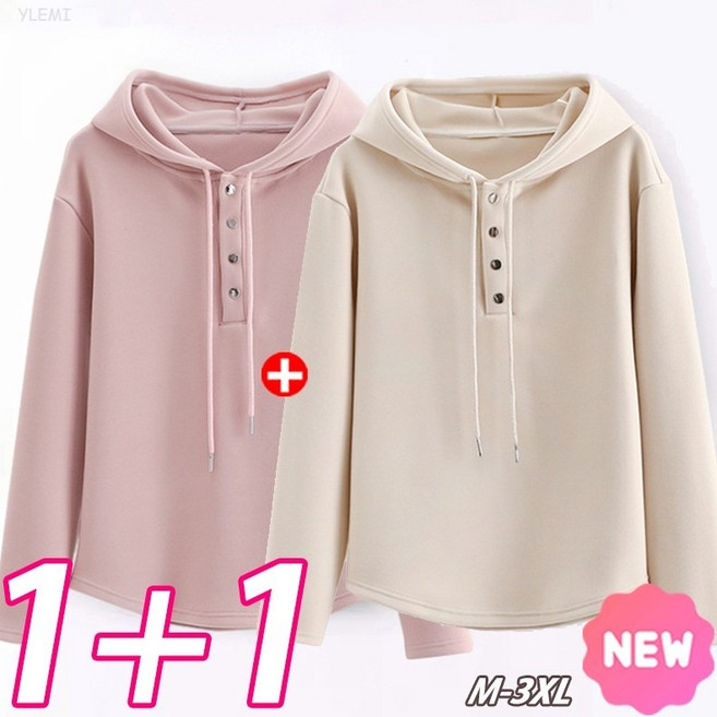 YLEMI 1+1 가을 겨울 여성 빅사이즈 베이직 후드티 루즈핏 이너 무지 긴팔 맨투맨 2P
