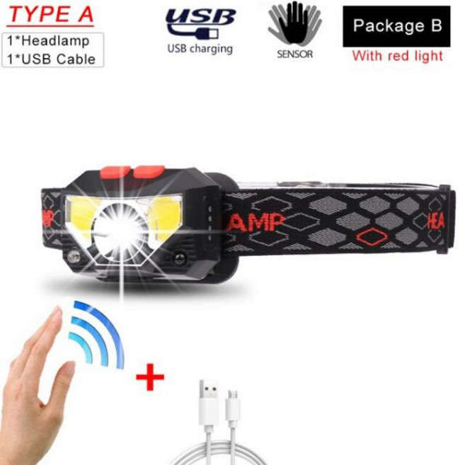 해루질 헤드 캡 캠핑 라이트 LED 랜턴 머리 강력 센서 USB 충전식 led 램프 하이킹 대 방수, Package B, built in battery, 1개