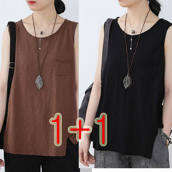 1+1 루즈핏 민소매 티셔츠 여름 여성 캐주얼 와이드 티 빅사이즈 나시 티 솔리드 심플 민소매 트임 상의 WAWAMIYA
