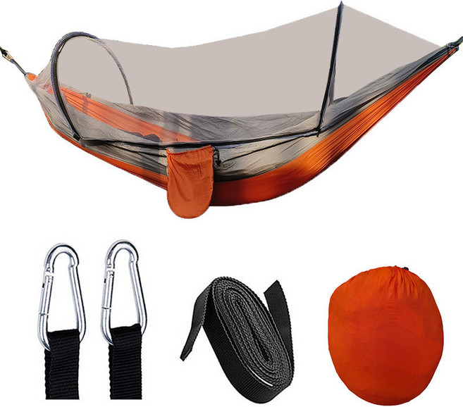 戶外露營 蚊帳吊床 250KG承重 尼龍吊床附蚊帳, 260*140cm橙拼灰