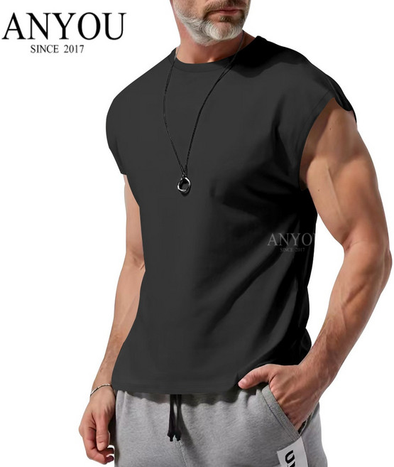 ANYOU 남성복 여름 민소매 티셔츠 청년 캐주얼 와이드 단색 얇은 숄더 티셔츠남