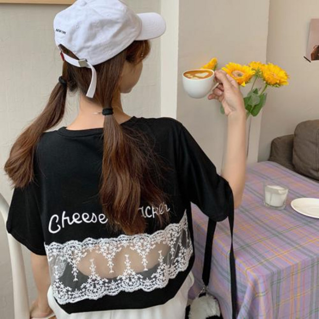 뉴욕멋쟁이 크랭 반팔 레이스 티셔츠 시스루 라운드넥 반팔티