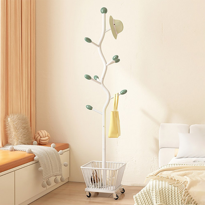 철제 튼튼한 스탠드 옷걸이 이동식 담은 빨래바구니 행거, 흰색 White