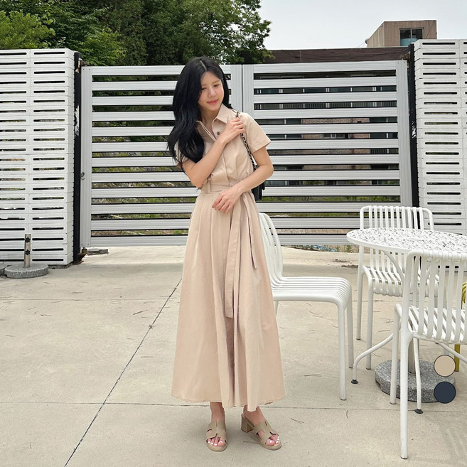 디테일웨어 여성 카라 셔츠 스트랩 롱원피스 면소재 플레어라인 임부복 반팔 원피스 단정한 하객룩 상견례룩