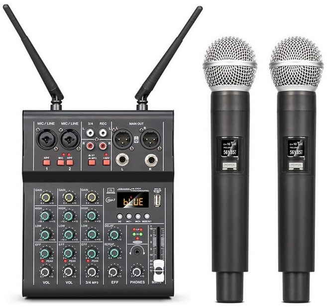 듀얼 UHF 무선 마이크가 장착된 4 채널 사운드 믹서 DJ 콘솔 가라오케 파티 PC 스튜디오 녹음용 믹싱, 표시된 대로