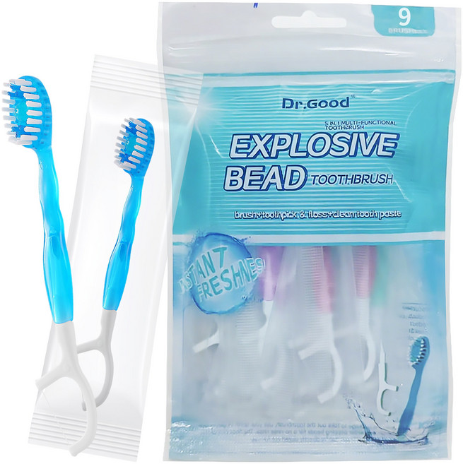 FASEN 물없이 사용하는 일회용 미니칫솔 개별포장 치실 혀클리너 이쑤시개 분리형 왕타칫솔 어금니칫솔 치솔 칫솔추천 일회용칫솔, 5개, 9개입