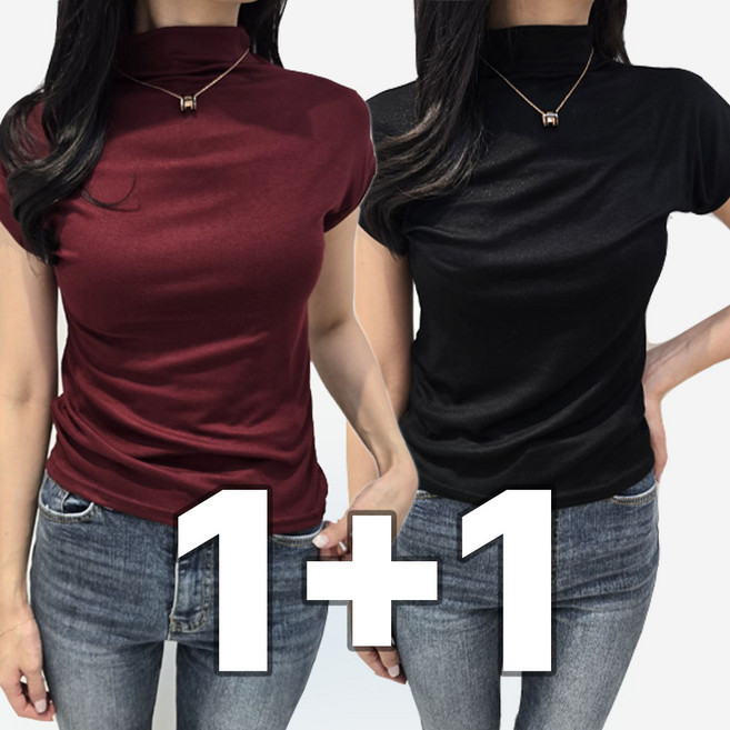 밀크린 여성 여름 목폴라티 반팔 나시 2종 세트 얇은 반소매 폴라티 티셔츠