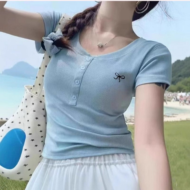 여성 심플 라운드 반팔티 티셔츠