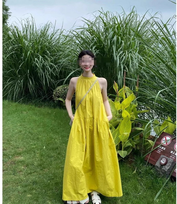 체인지쉬(change she) 여성 우아한 심플 민소매 루즈핏 홀터넥 롱 원피스 휴양지룩