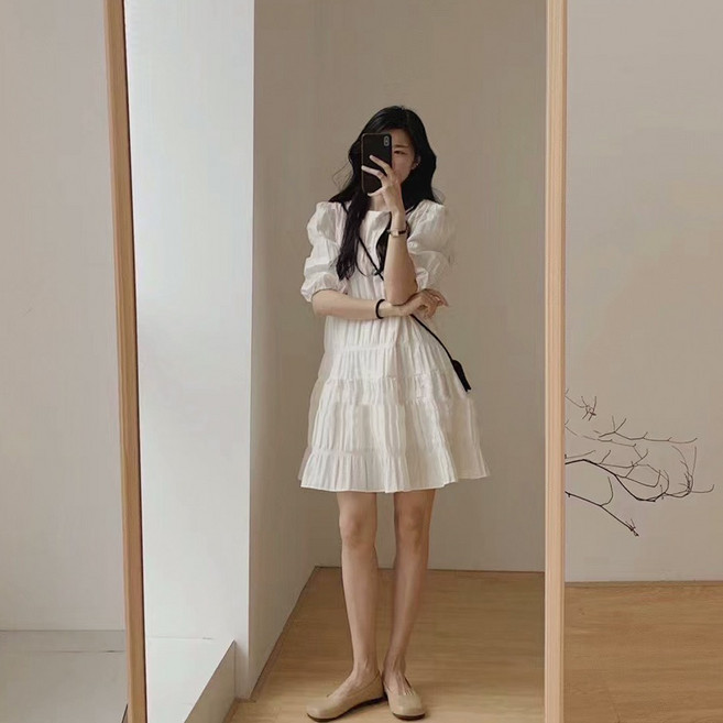 블리 캉캉 로맨틱 플리츠 퍼프 미니원피스