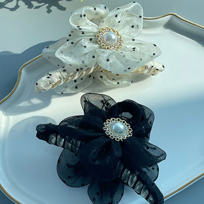 [2컬러] ﻿﻿워더미 고급 진주 쉬폰 플라워 포인트 반머리 올림머리 집게핀 F371