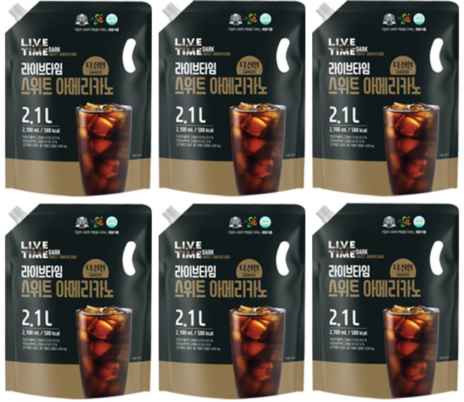 [태웅식품본사] 라이브타임 더진한 스위트아메리카노 '카페에서 마시던 달콤한 더진한 아이스커피' '가성비커피 끝판왕 대용량 홈카페 음료' '더진한 커피에 부드러운 단맛을 더하다', 2.1L, 6개