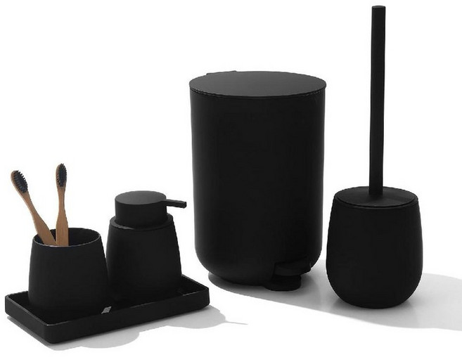 블루밍가든 집들이선물 무광 욕실 주방 호텔 고급 플라스틱 디스펜서, 블랙(무광), 1세트, 5종 (휴지통+청소솔+디스펜서+칫솔꽂이+받침대)