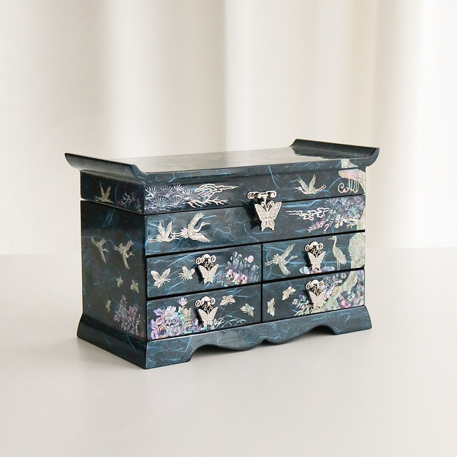 박씨상방 나전칠기 한지 경대형 서랍 4단 자개보석함(특대형) 자개함 악세사리함 외국인선물, 파랑