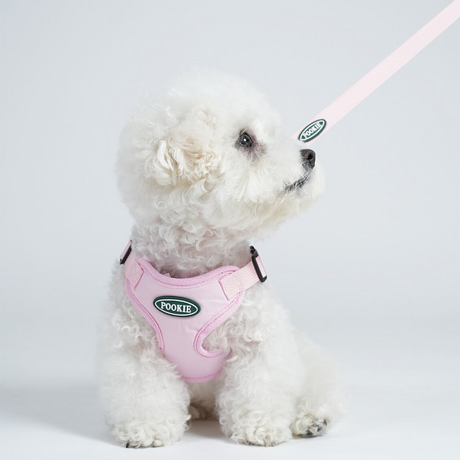 푸키 강아지 시그니처 파스텔 원터치 하네스 + 리드줄세트, 파스텔핑크