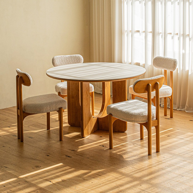 오아르 벤 세라믹 원형 4인 식탁세트 1200 (의자4), 클라우드 화이트 (연그레이):오크 내추럴(패브릭)