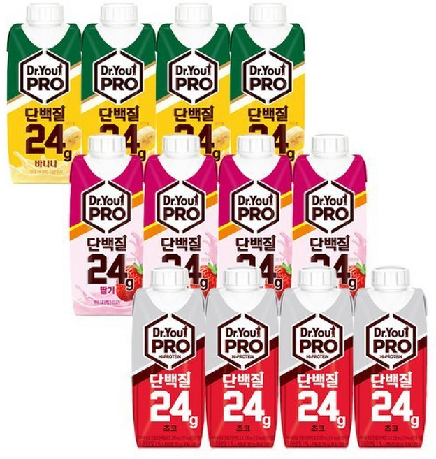 닥터유 프로 단백질 드링크 3종 12개 (초코 바나나 딸기) 250ml, 없음