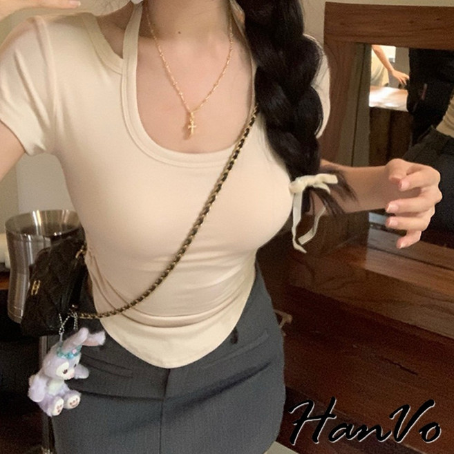 HanVo 露肩掛脖側邊抽繩上衣 甜辣修身設計感韓系女裝