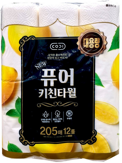 트레이더스 코디 퓨어 키친타올 205매 X 12롤 2겹 천연펄프