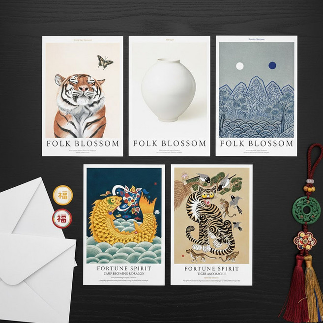 민화 감사 카드 프리미엄 고급 엽서 봉투 스티커 5종 세트, 민화엽서세트, 1개