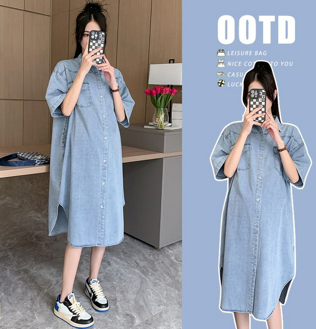 임산부 미디 원피스 와이드 핏 데님 미디 원피스 캐주얼 쇼트 슬리브 버튼 디자인 JS