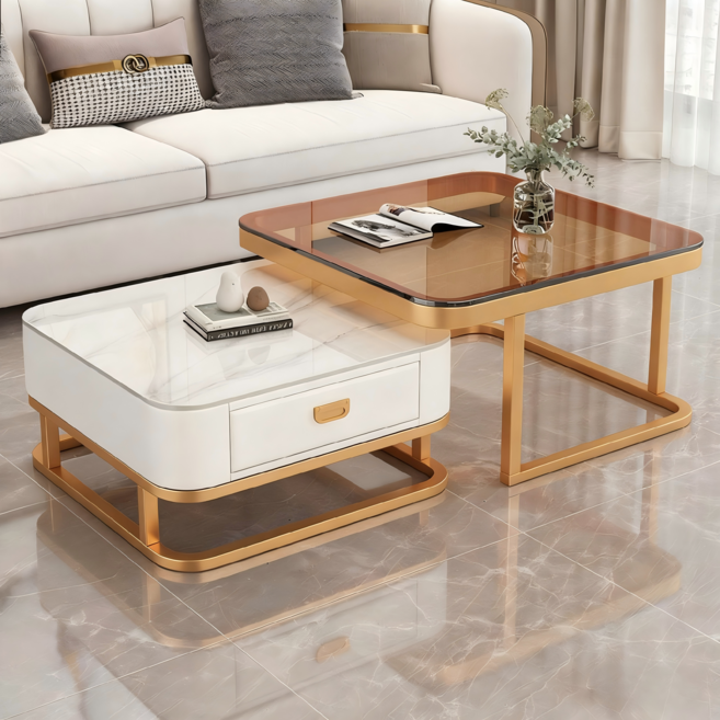 BYOU 이탈리아풍 스타일 거실테이블 수납 소파테이블 접이식 티테이블 세트, 화이트 + 골드 프레임