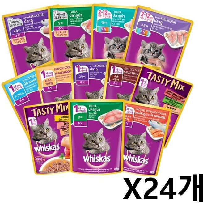 위스카스 파우치 80g X24개 고양이 수분보충 간식 키튼(참치), 키튼(고등어)