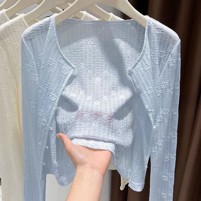 로르카 여성 레이스 펀칭 루즈핏 캐주얼 크롭 긴팔 자외선 차단 가디건 V01031732