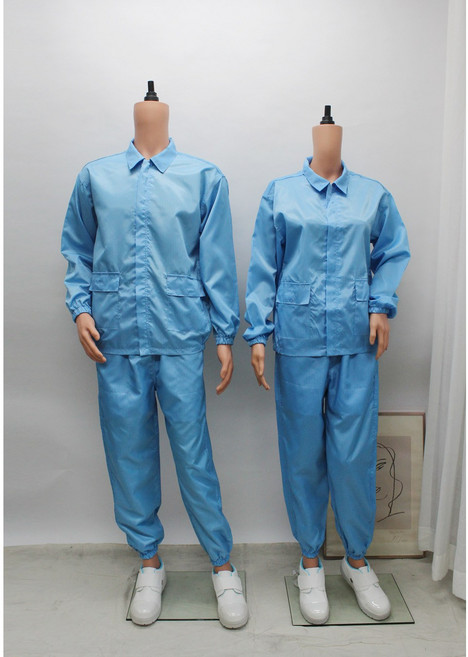 [제전복 투피스] Y카라 화이트 스카이블루 상하복 크린룸복 반도체복 긴팔작업복 방진복 정전기방지, 하늘색(sky blue), 2XL, 1개