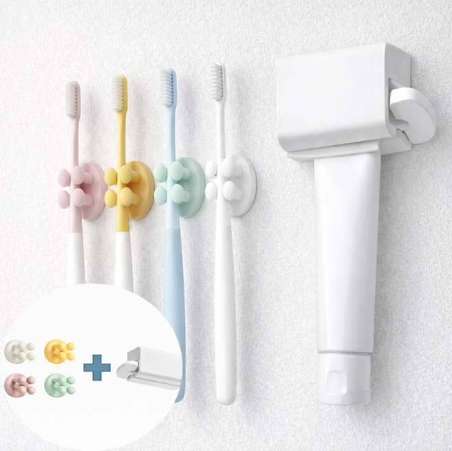 네오mro 칫솔 걸이4p+ 치약 자석 짜개1p, 1세트, 유백색+노란색+분홍색+그린+화이트
