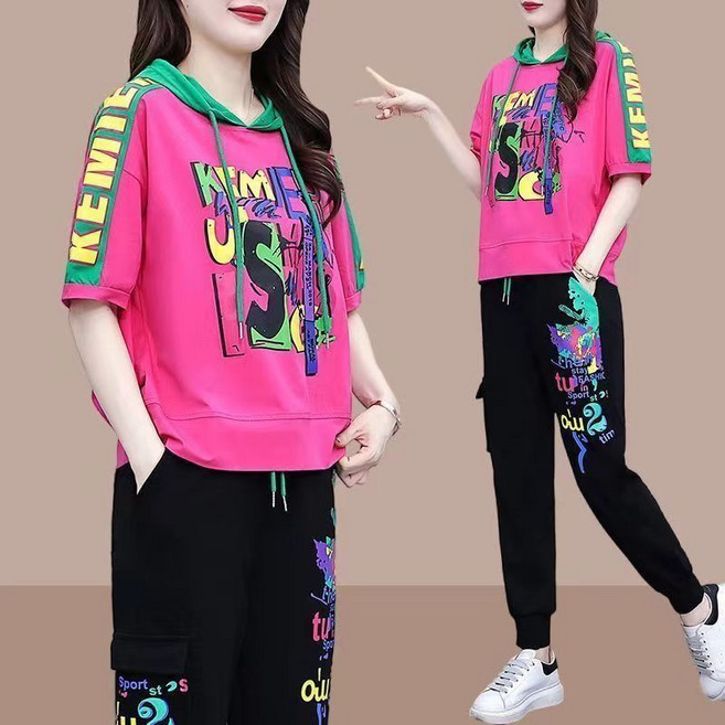 셀럽당 후드 캐주얼 세트 여자 여름 루즈 프린트 투피스C00634